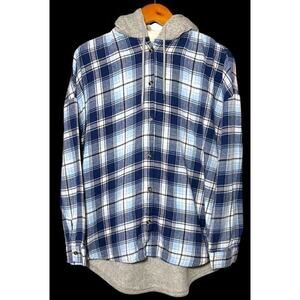 Flannel Faux Fur Hoodie Women Blue‎ Plaid Button Up Long Sleeve Size XL (15-17)